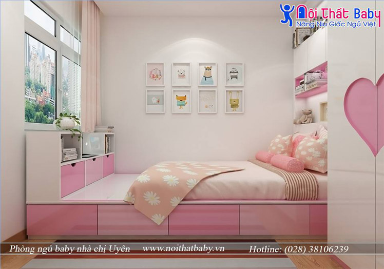 Mẫu giường ngủ màu hồng dễ thương cho bé